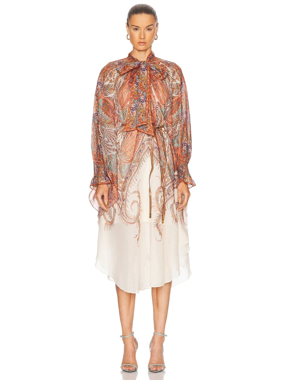 Sheer Paisley Tie-Neck Midi Skirt in Cream and Rust